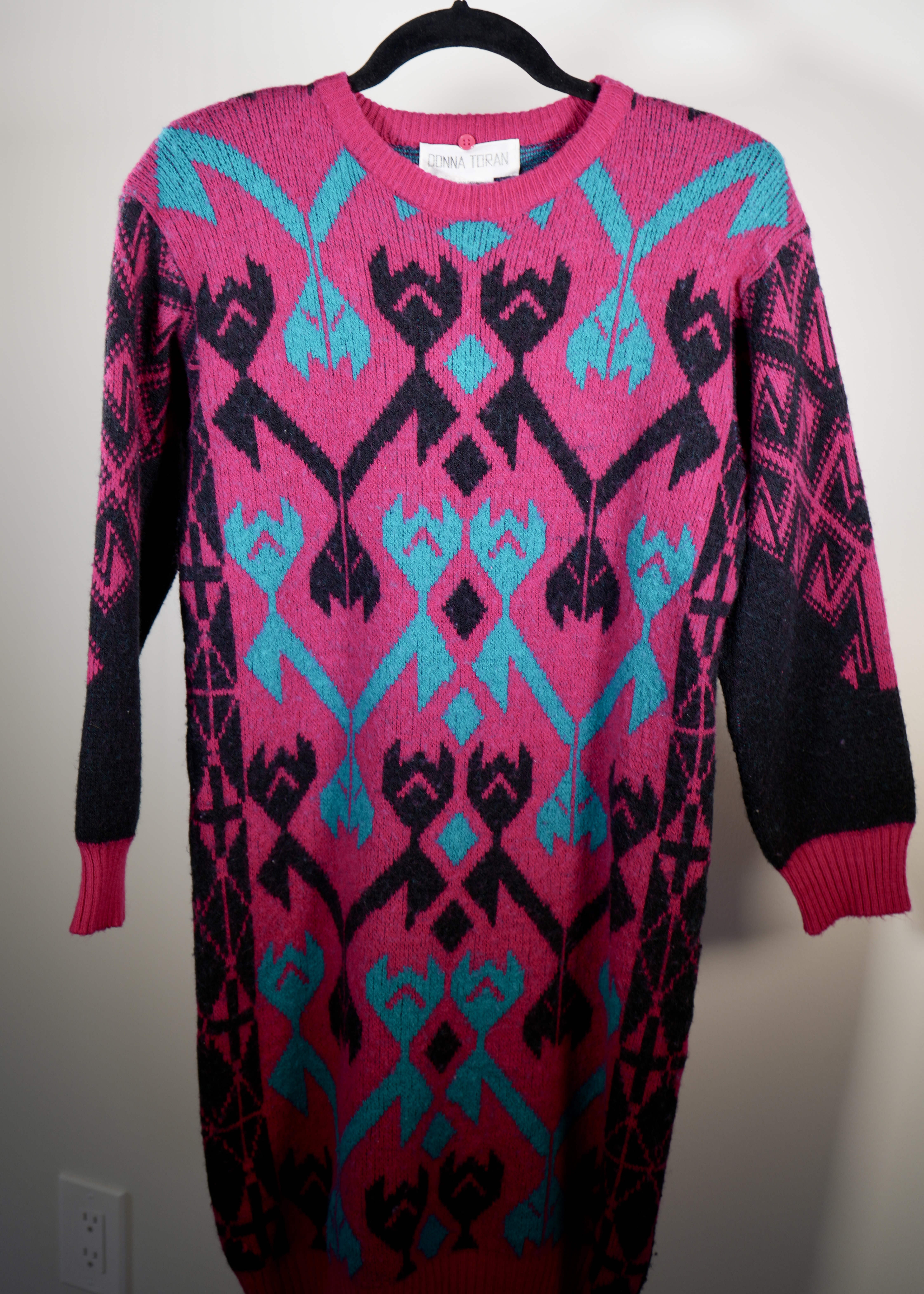 Donna Toran geometric sweater dress in magenta and teal